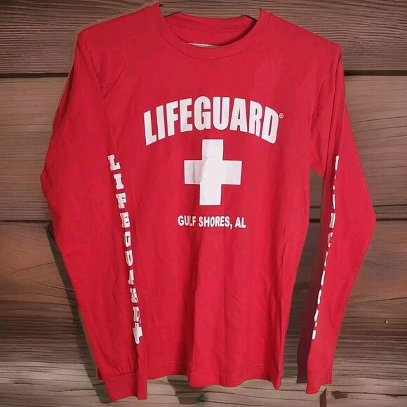 LIFEGUARD Gulf Shores Alabama Long Sleeve T-Shirt Mens Small Red All Cotton - Picture 1 of 9